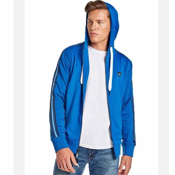 Industry Men’s Double Knit Zip Up Jacket with Hood Size Large Blue - Picture 1 of 13